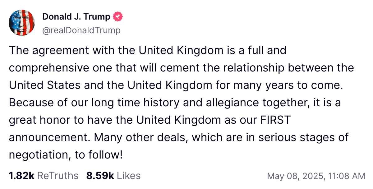 Trump announces trade deal with UK, May 8, 2025 | TruthSocial