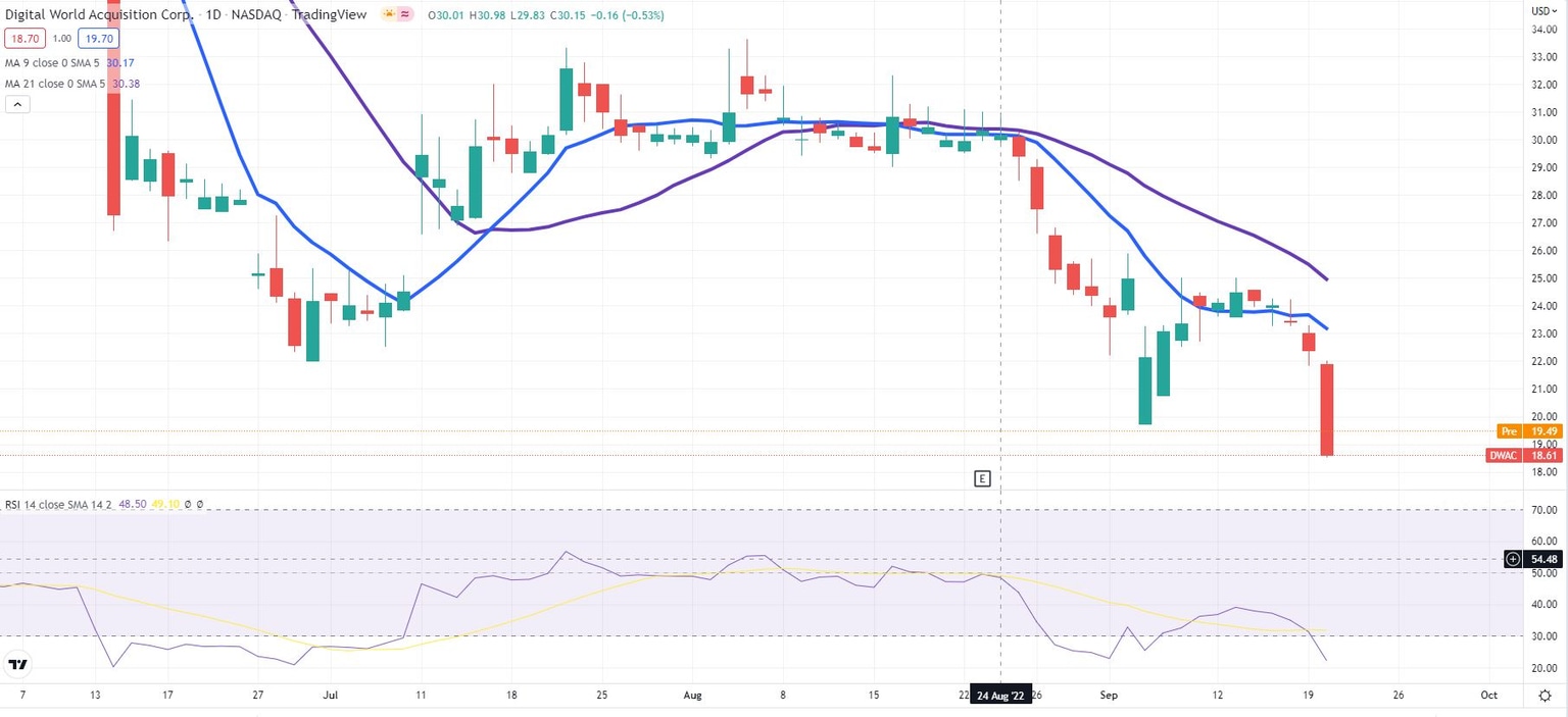 DWAC stock price keeps falling, now below $20