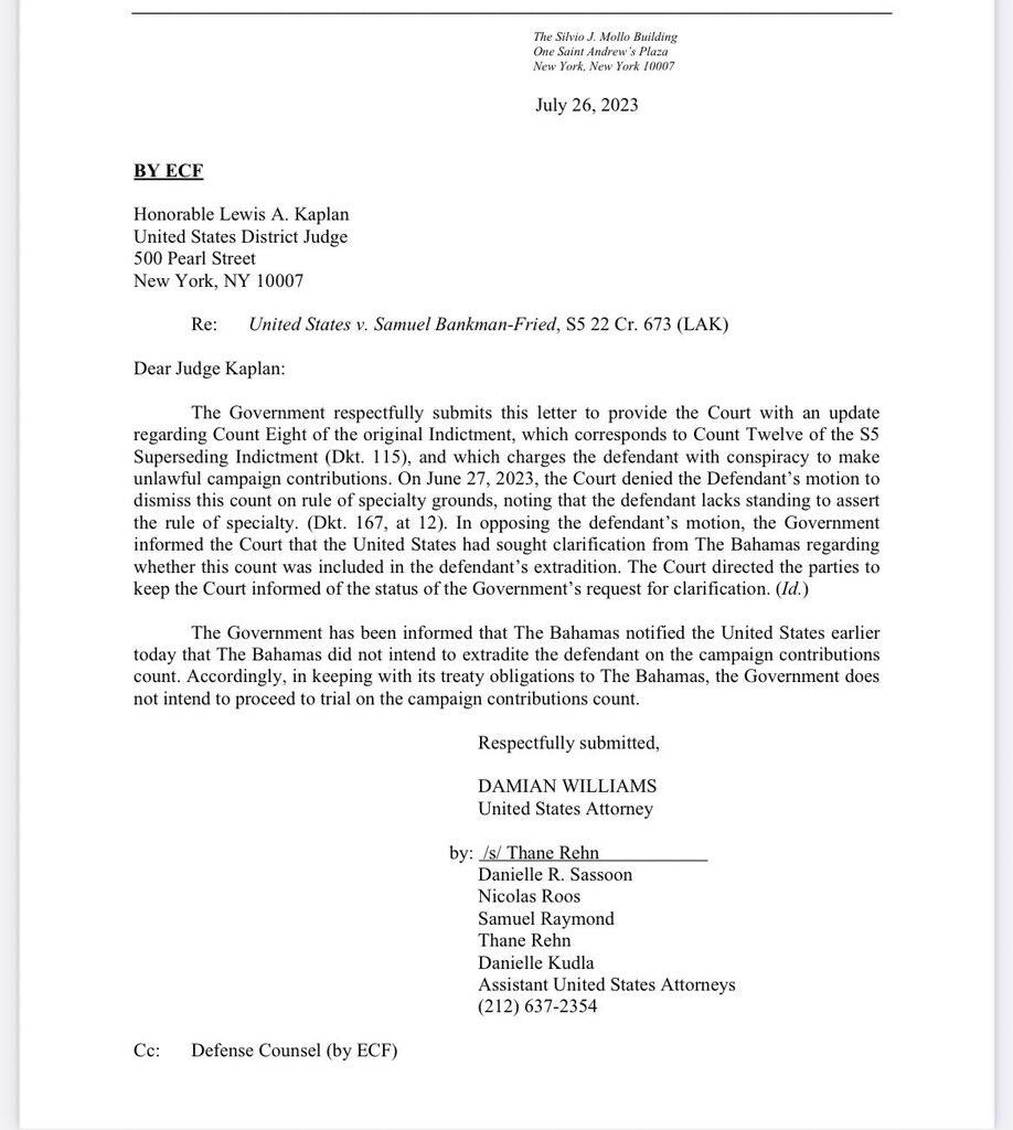 US Department of Justice notice to Judge Kaplan