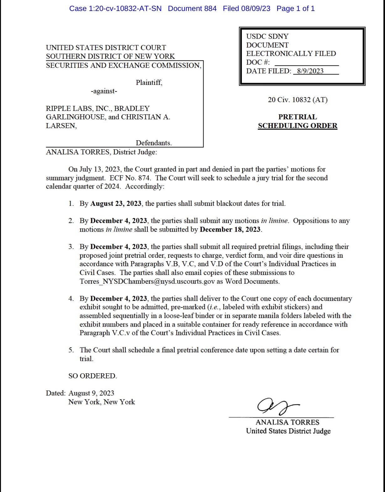 SEC vs Ripple Pretrial Scheduling Order