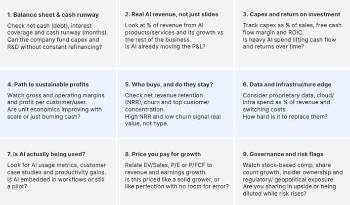 Exhibit 1: A 9-point checklist to separate AI hype and real fundamentals. Source: Saxo
