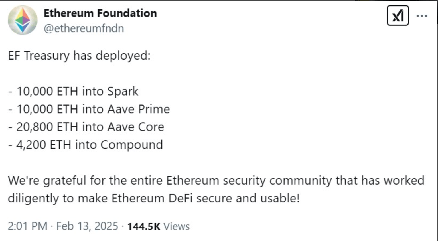 Ethereum Foundation announces 45,000 ETH DeFi Investment, Feb 13, 2025 | Source: X.com