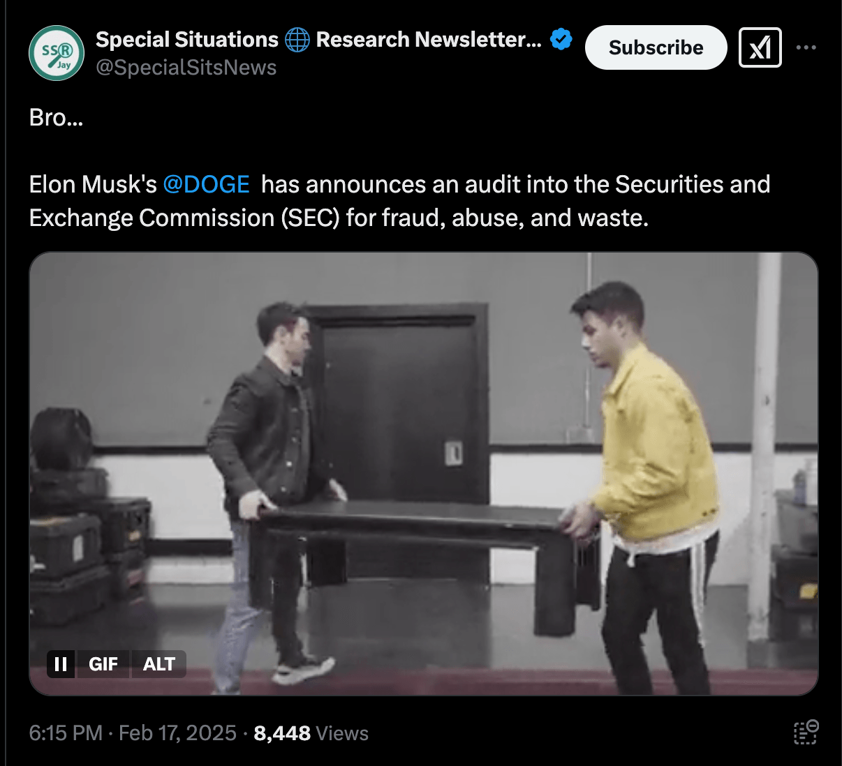 Elon Musk-led Department of Government Efficiency (D.O.G.E) announced an official investigation into US SEC, Feb 18 2025