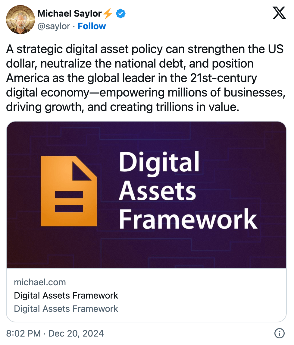 Michael Saylor Bitcoin Strategic Reserve Framework Document, December 2024 | X.com/Saylor