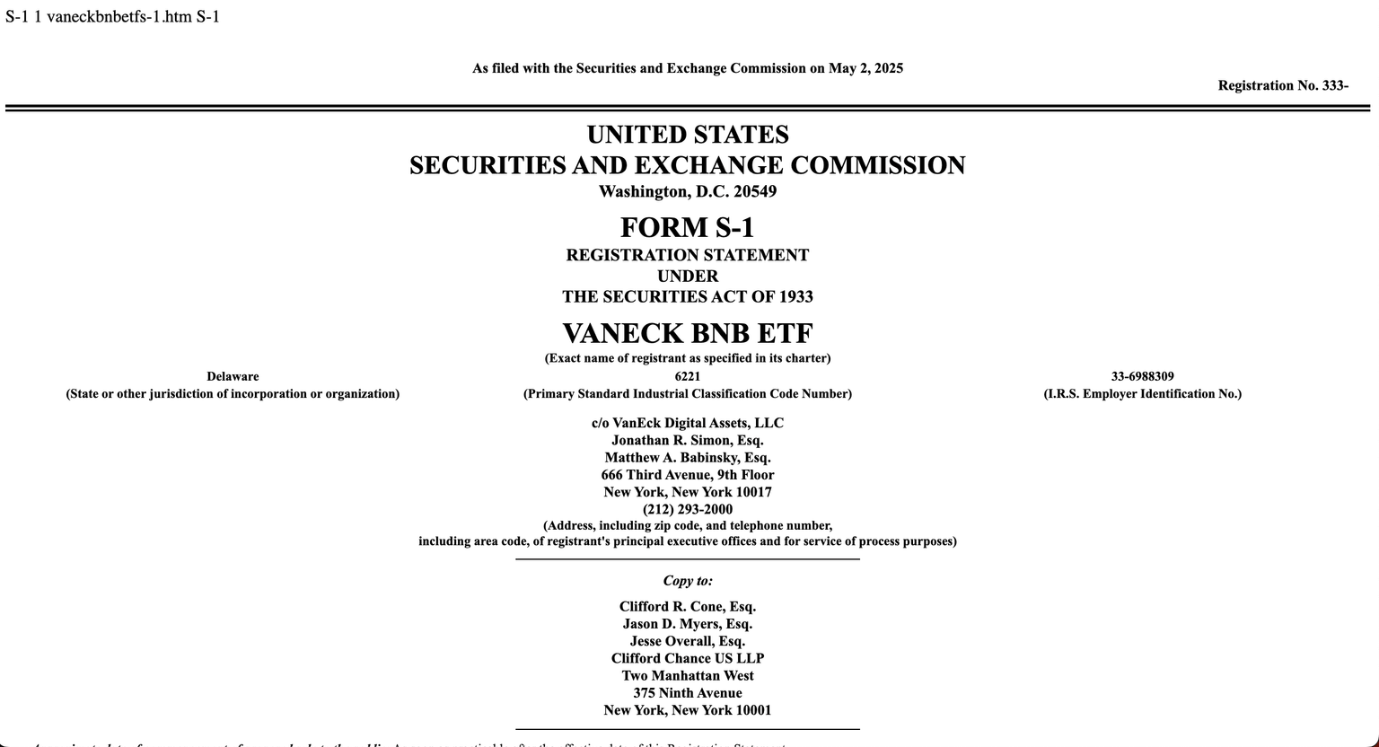 VanEck Binance Coin (BNB) Filing Prospectus | Source: SEC.gov