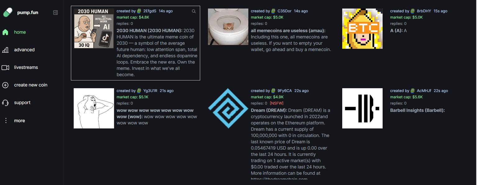 New meme coins launched on the Pump.fun dashboard