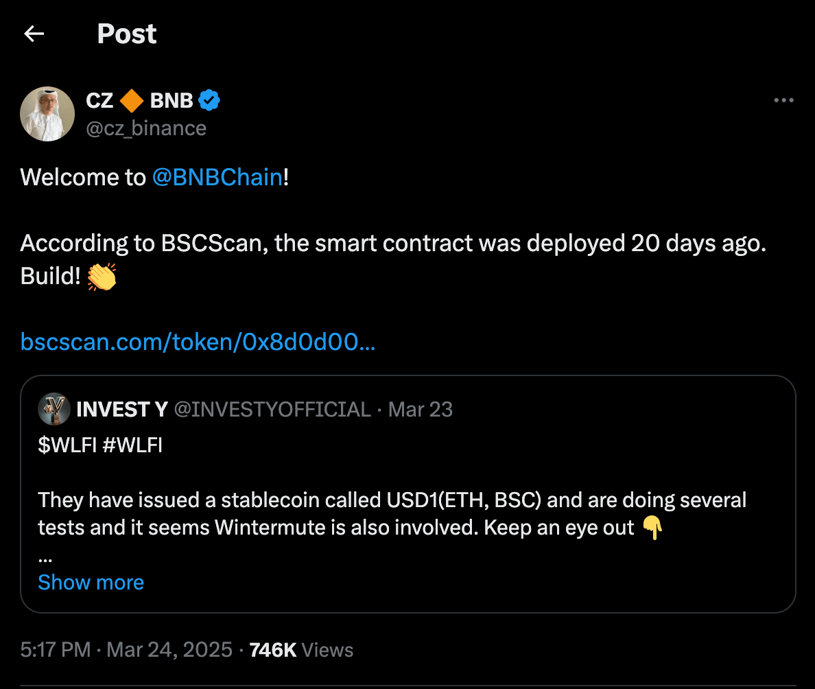 Binance Co-founder Changpeng Zhao reacts to USD1 launch speculations | March 24 | Source: X.com/cz