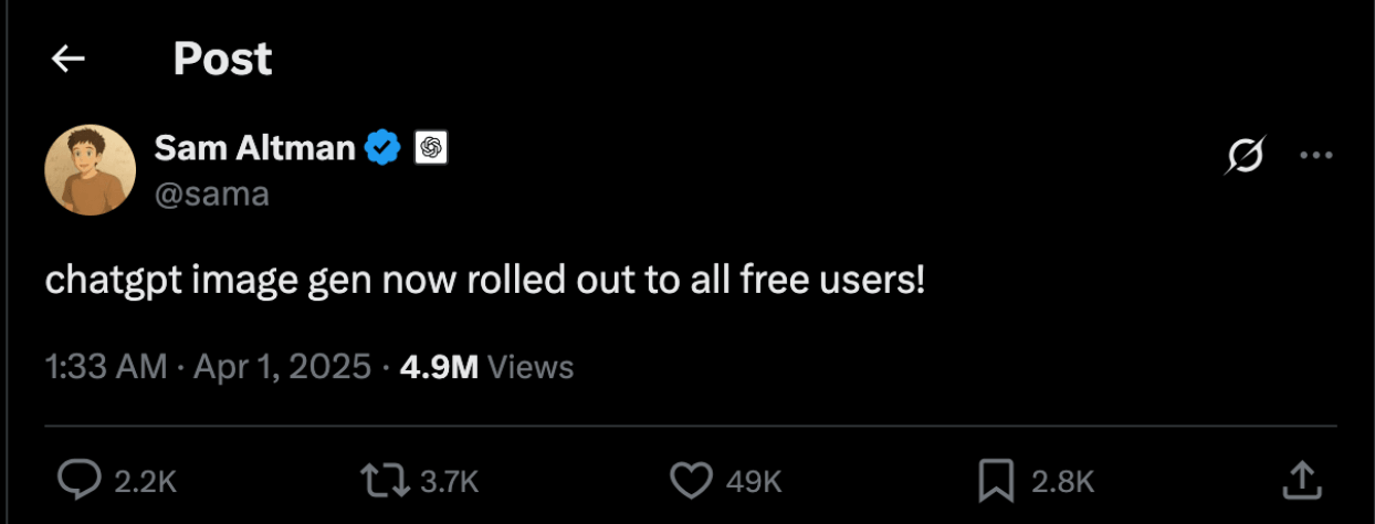 Open AI CEO Sam Altman confirms Ghibli image gen, April 1, 2025 | Source: X.com/Sama