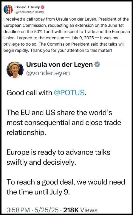 Trump post on EU tariff delay with Ursula von der Leyen