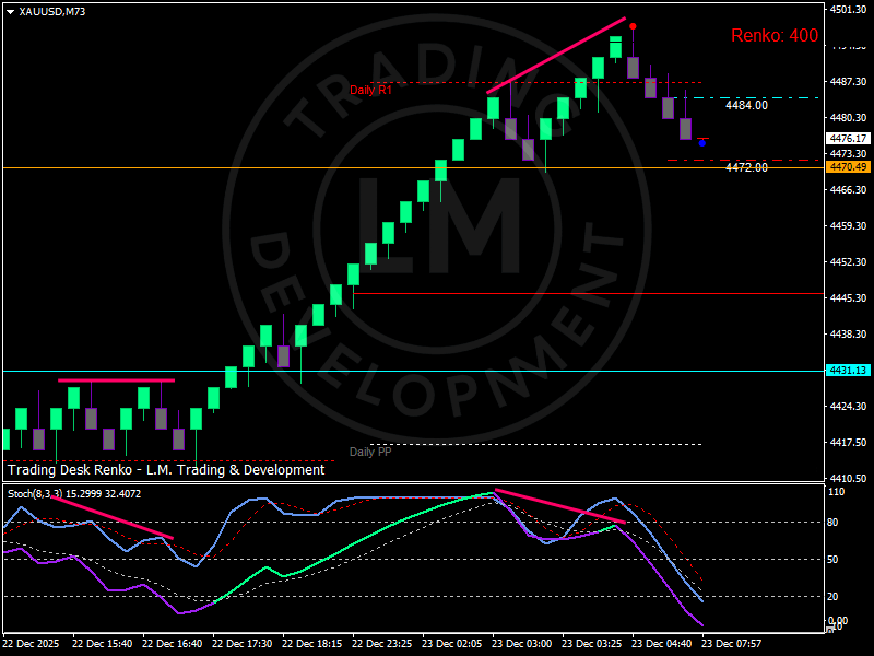 Renko chart of XAUUSD showing a strong breakout to new highs followed by a controlled pullback above key structural support