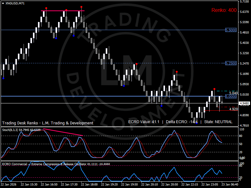 Renko chart of Natural Gas showing double top above 5.50, breakdown below 5.00 and consolidation near 4.92 as winter risk premium fades