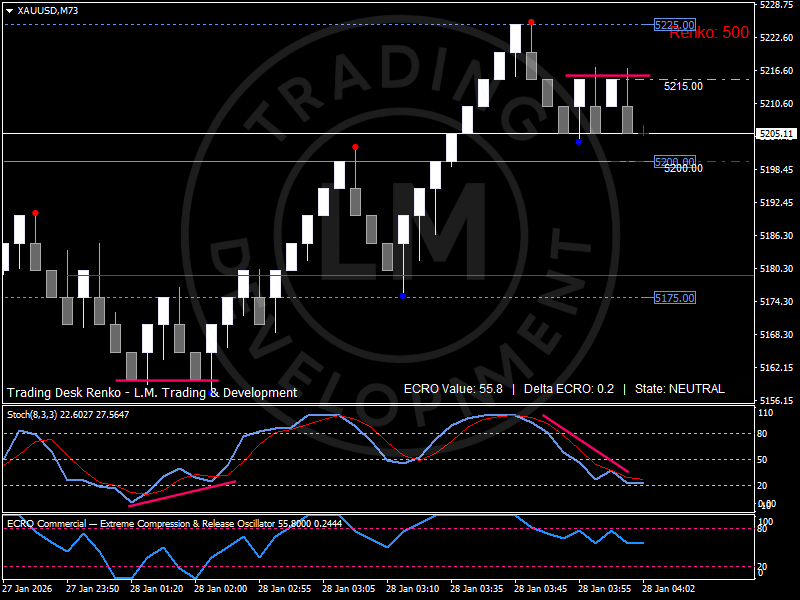 Renko chart of Gold price showing consolidation near highs as markets price structural macro risk, systemic uncertainty and reduced sensitivity to US Dollar strength