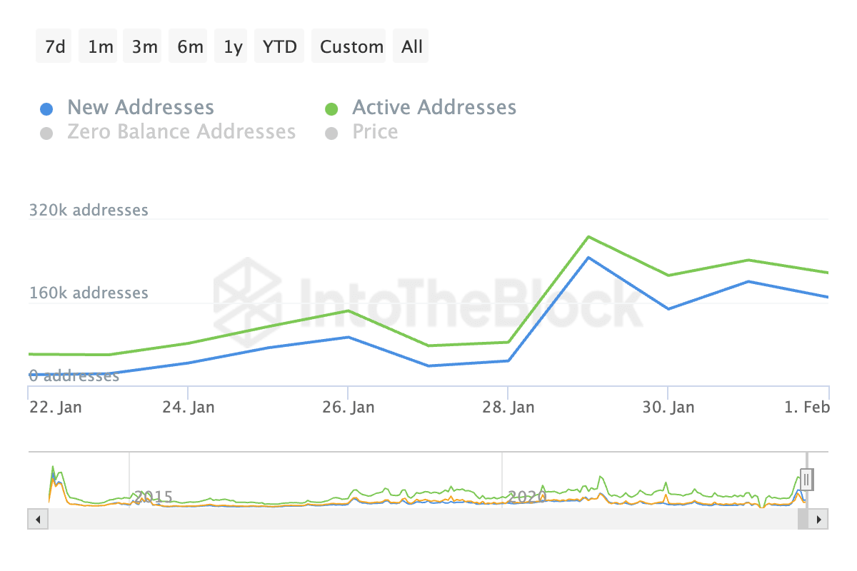 Dogecoin New Address and Daily Active Address. Source: IntoTheBlock