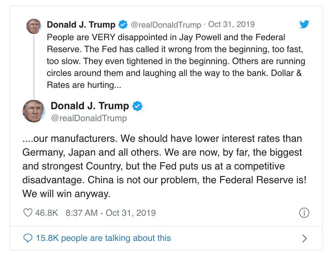Donald Trump tweets at Fed, Jerome Powell