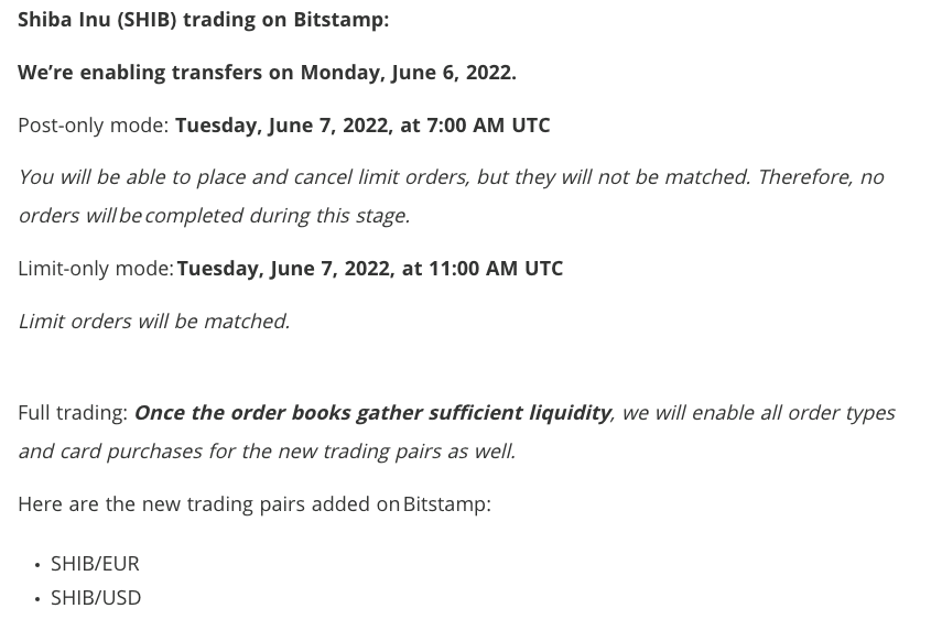 Shiba Inu coin listing details on Bitstamp