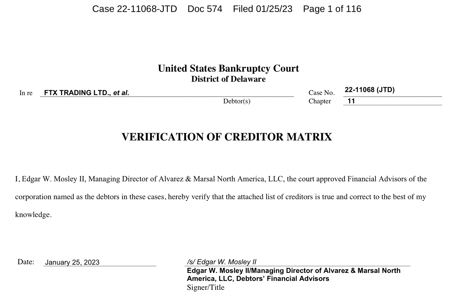 Verification of FTX exchange's creditor matrix