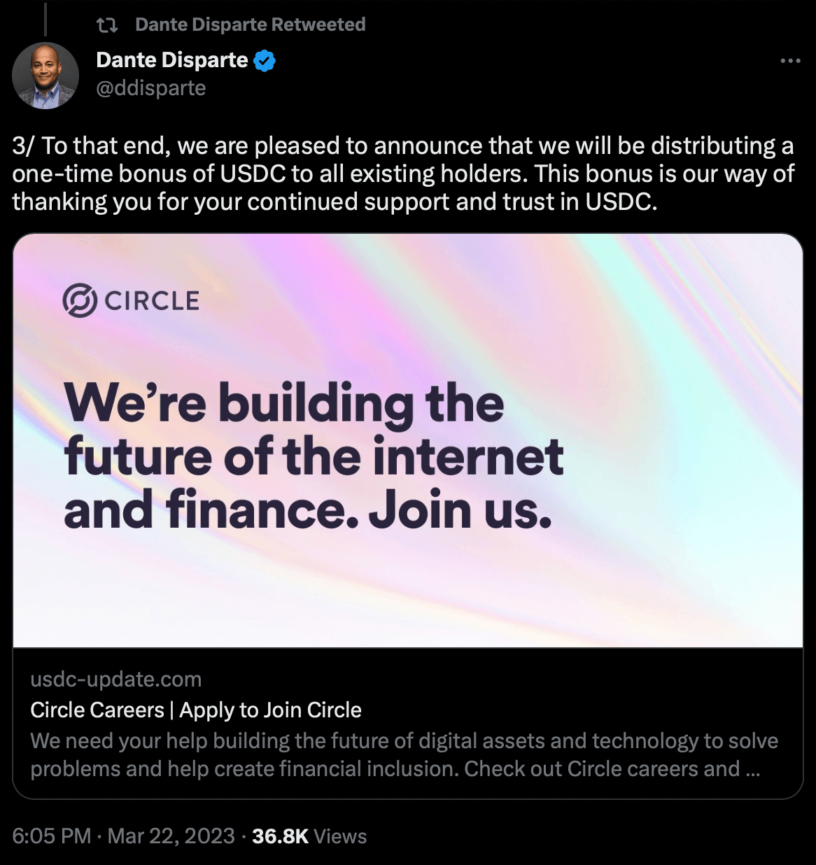 Tweet announcing USDC giveaway