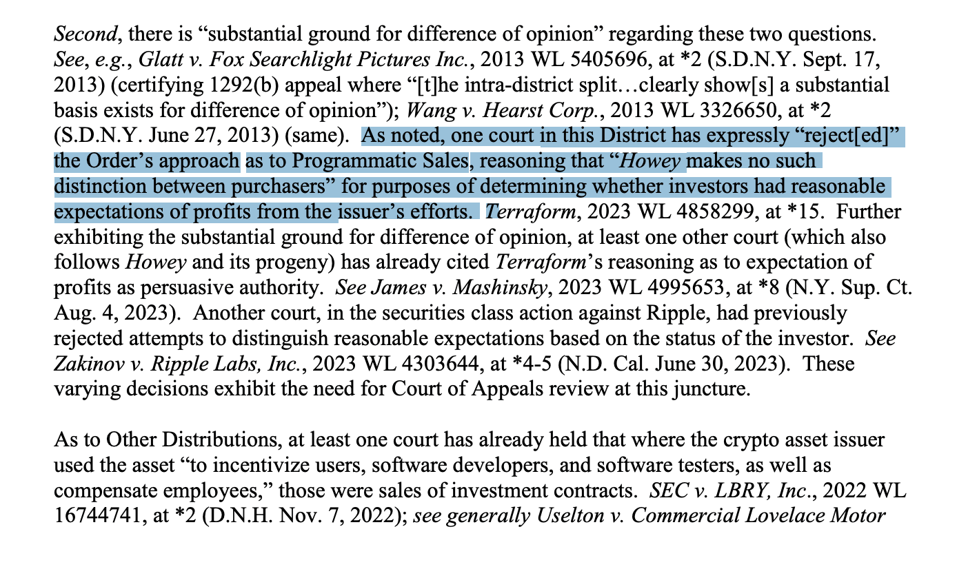 SEC's request to file a motion for interlocutory appeal